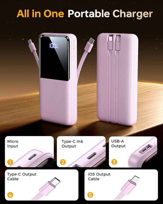 Portable Charger Power Bank - 15,000mAh Battery Pack Portable Phone Charger with Built in Cable 22.5W Fast Charging Powerbank Compatible with iPhone Android Samsung Phone, Lavender