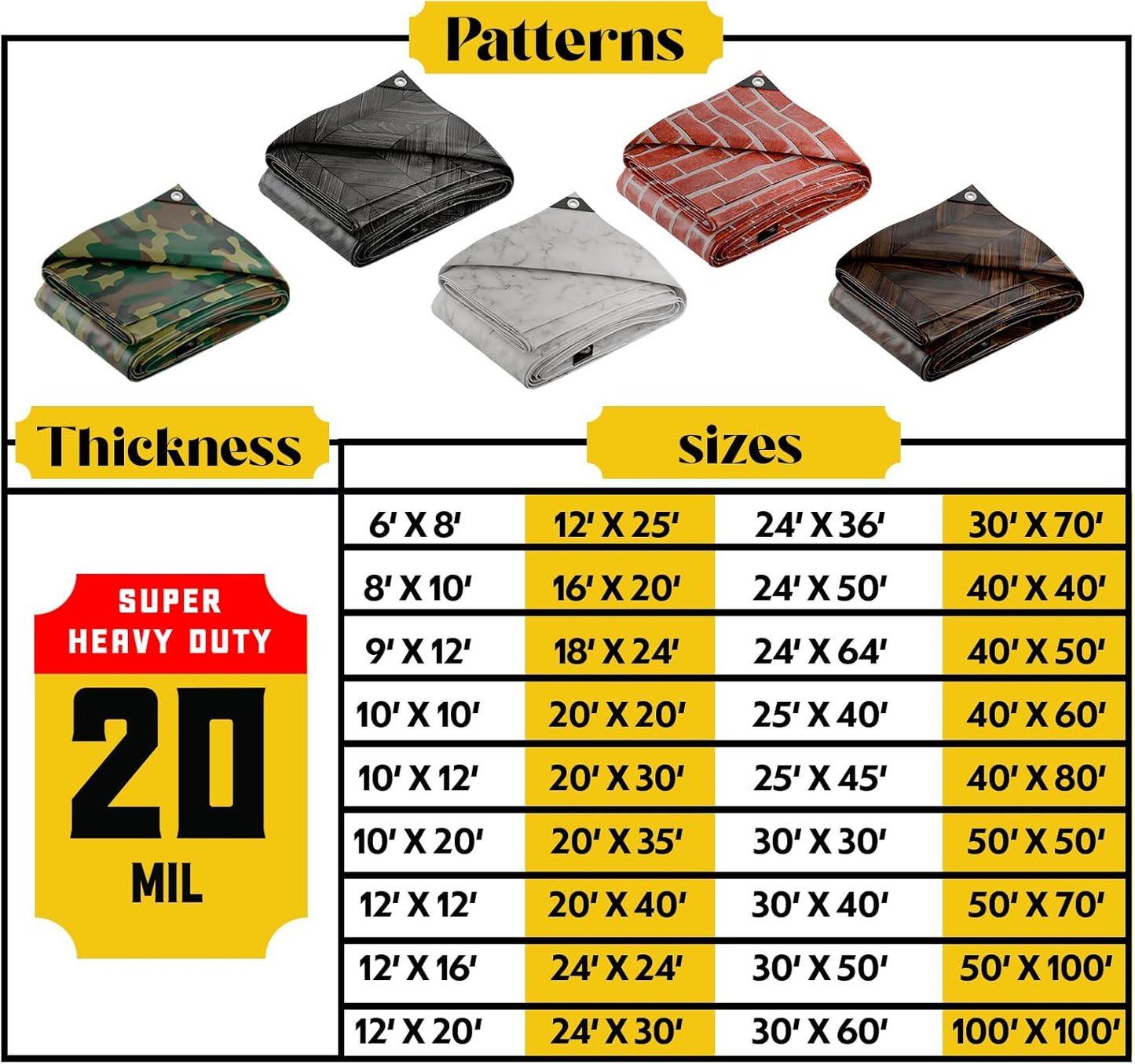 Core Tarps Extreme Heavy Duty 20 Mil Tarp Cover, Waterproof, UV Resistant, Rip and Tear Proof, Poly Tarpaulin with Reinforced Edges for Roof, Camping, Patio, Pool, Boat (Bricks/Black 25′ X 40′)