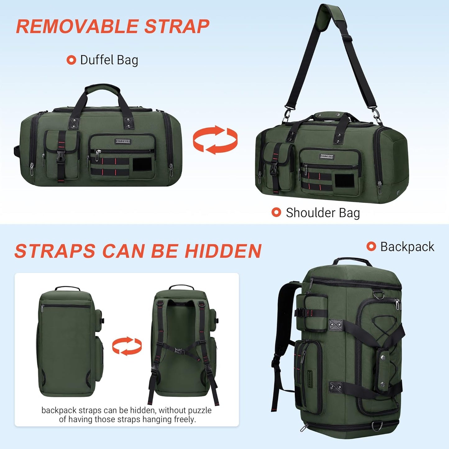 WITZMAN Travel Duffel Bags for Men Large Carry On Weekender Overnight Bag 3 in 1 Backpack with Shoe Compartment (B693 Army Green） - Roamly