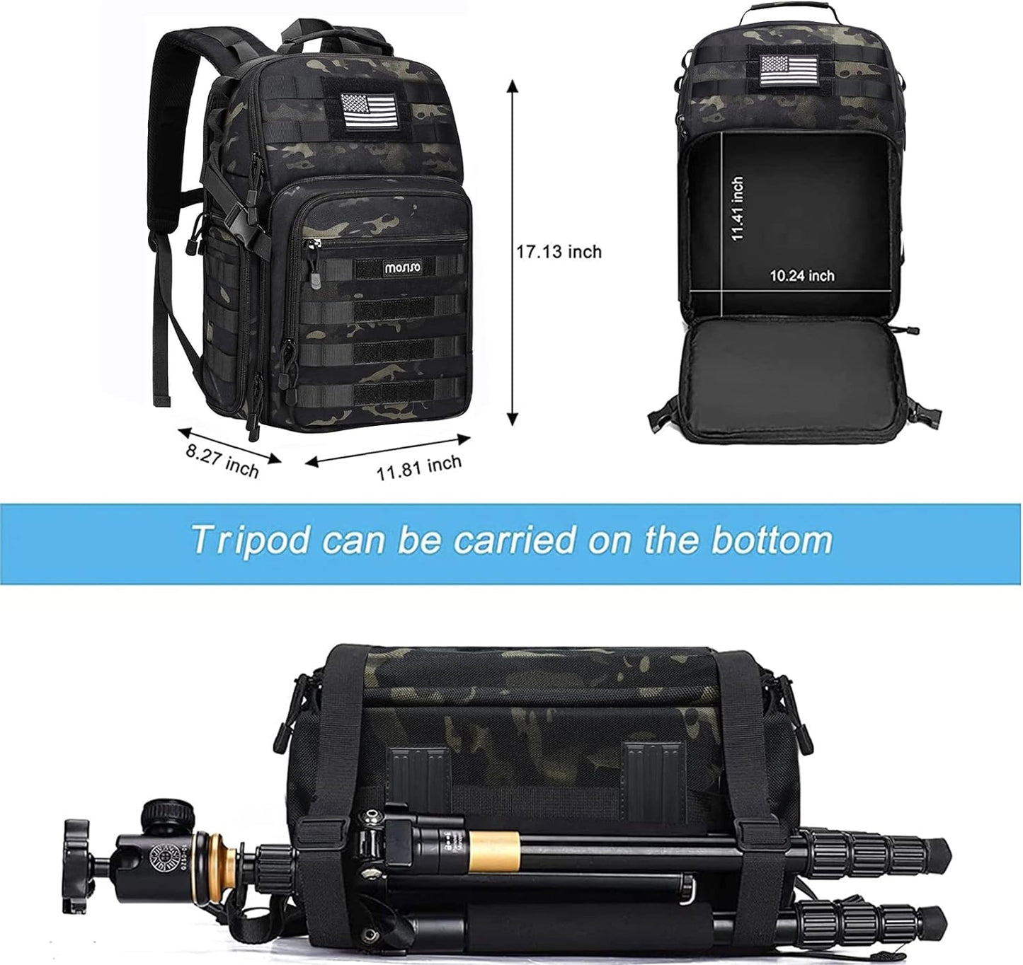 MOSISO Camera Backpack, DSLR/SLR/Mirrorless Photography Tactical Camera Bag Case with Tripod Holder & 15-16 inch Laptop Compartment & USA Flag Compatible with Canon/Nikon/Sony, Night Camouflage