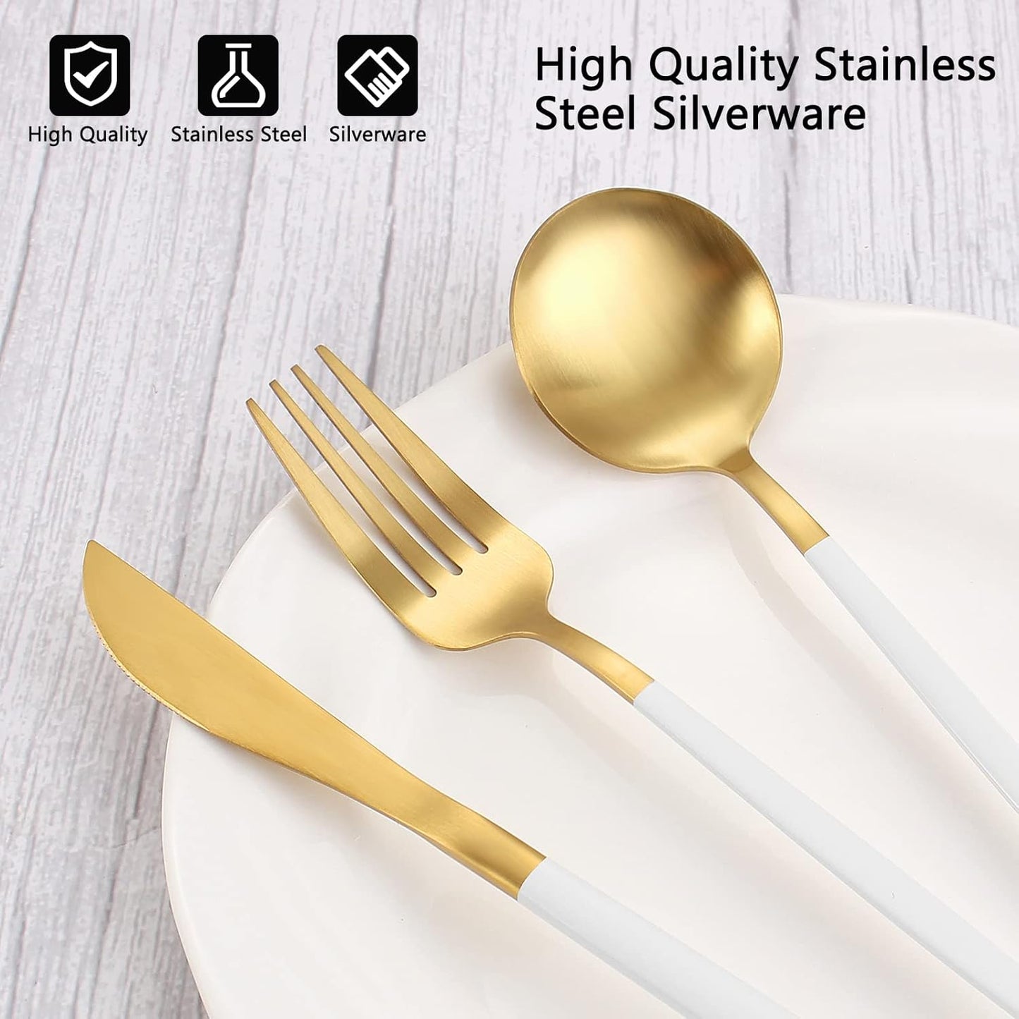 Matte White Gold Silverware Set, 40-Piece Stainless Steel Flatware Set, Satin Finish tableware Cutlery Set, Service for 8, Home and Restaurant, Dishwasher Safe