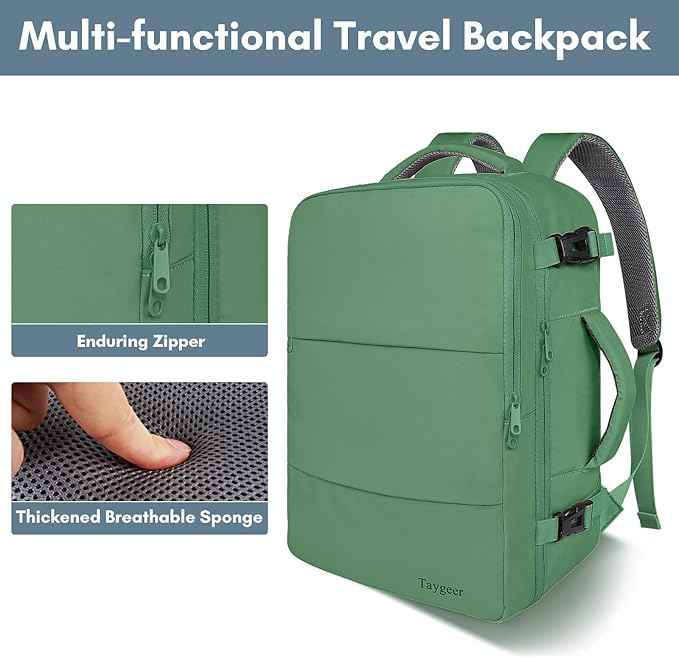 Taygeer Travel Backpack for Women Men, 40L Airline Approved Carry On Backpack with 17.3 inch Laptop Compartment, TSA Friendly Daypack, Backpack for Business Hiking Travel, Peridot Green