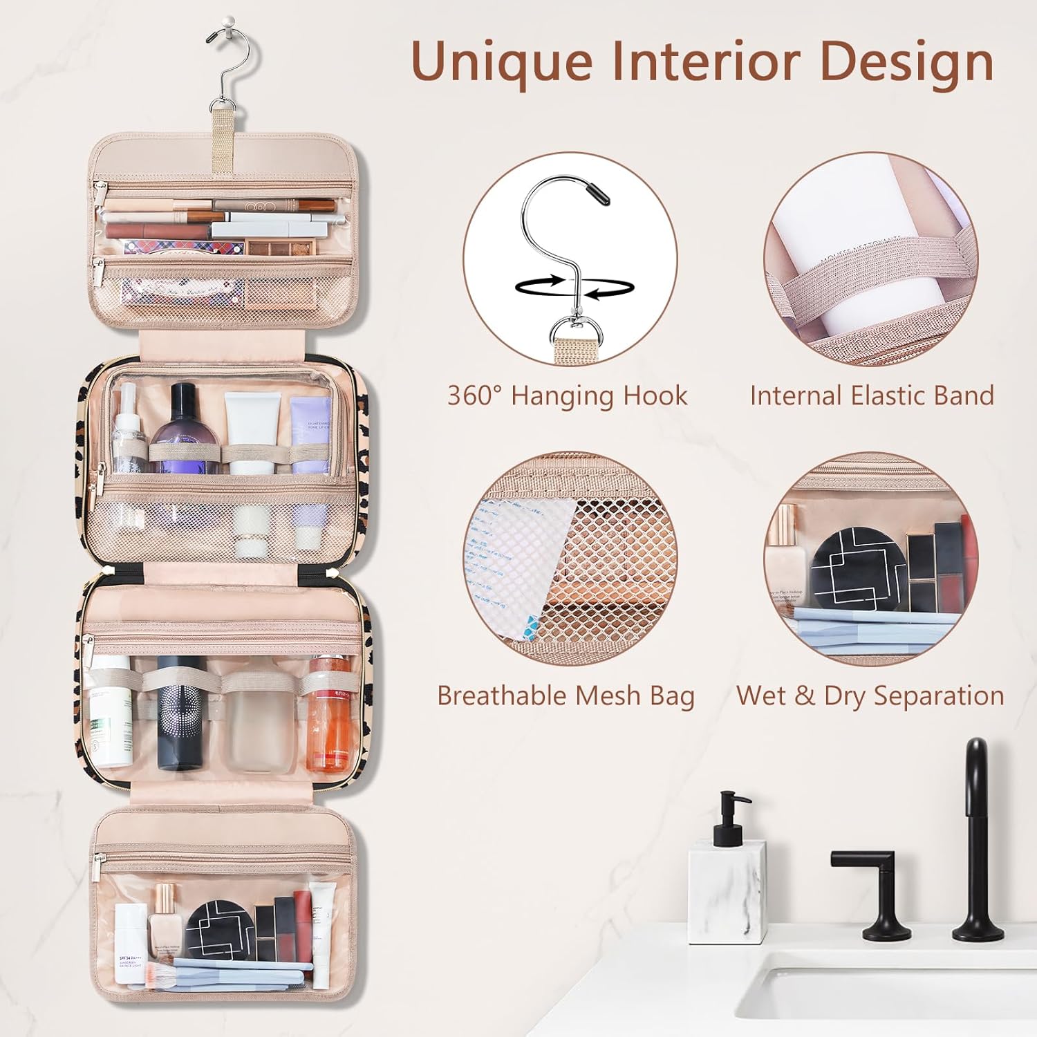 Wedama Toiletry Bag for Women, Hanging Travel Toiletry Bag with Jewelry Organizer Compartment Large Makeup Bag, PVC Waterproof Cosmetic Travel Bag Trips Camping Bathroom, Leopard Print - Roamly