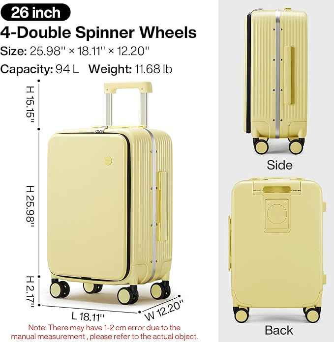 mixi Large Checked Luggage with Cup Phone Holder and Charger Hard Shell Suitcases with Spinner Wheels, 26 Inch Lark Yellow