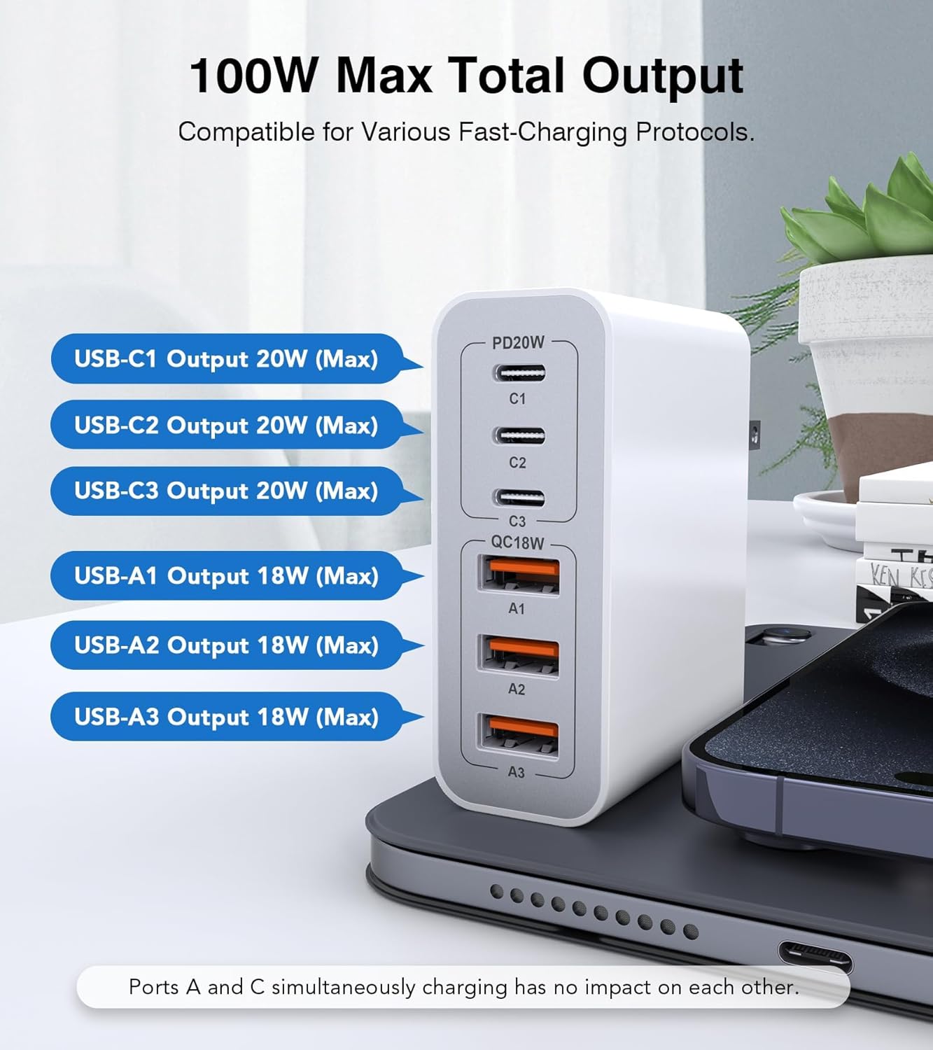 USB C Wall Charger Block,100W GaN 6-Port QC+PD3.0 Charging Station Type C Fast Chargers Plug Brick Portable Cube Hub Multiport Power Adapter for iPhone16/15/14 Pro Galaxy S25 Ultra2 AirPods4 Watch10 - Roamly
