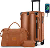 Joyway 20in Carry On Luggage with Cup Holder and USB Port, 25% Expandable Capacity, Smart Suitcase Set with Anti Slip Wheels and Handbag, Perfect for Men and Women (Brown, Carry-On 20-Inch Handbag)