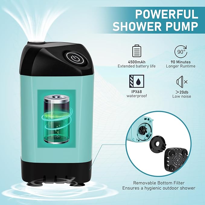 Portable Camping Shower, Pop Up Shower Privacy Tent Kit with LED Lights, 4500mAh Rechargeable Shower Pump, Filtered Shower Head & 7.4 Gallons Foldable Bucket, Outdoor Shower for Hiking Beach, Travel