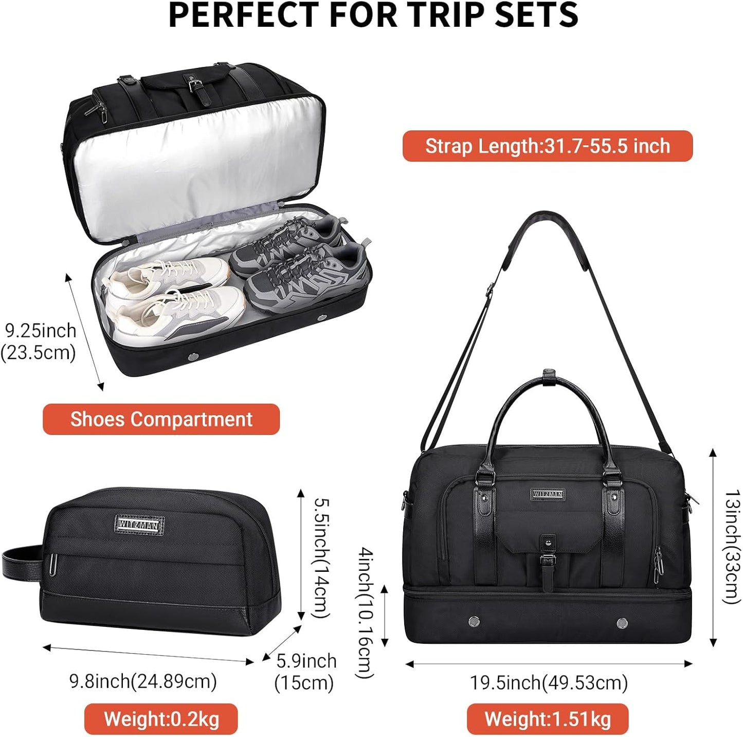 WITZMAN Weekender Bags for Men Women Carry On Duffle Overnight Bag with Toiletry Bag Sets Travel Duffel Bag Shoes Compartment （B694 Black） - Roamly