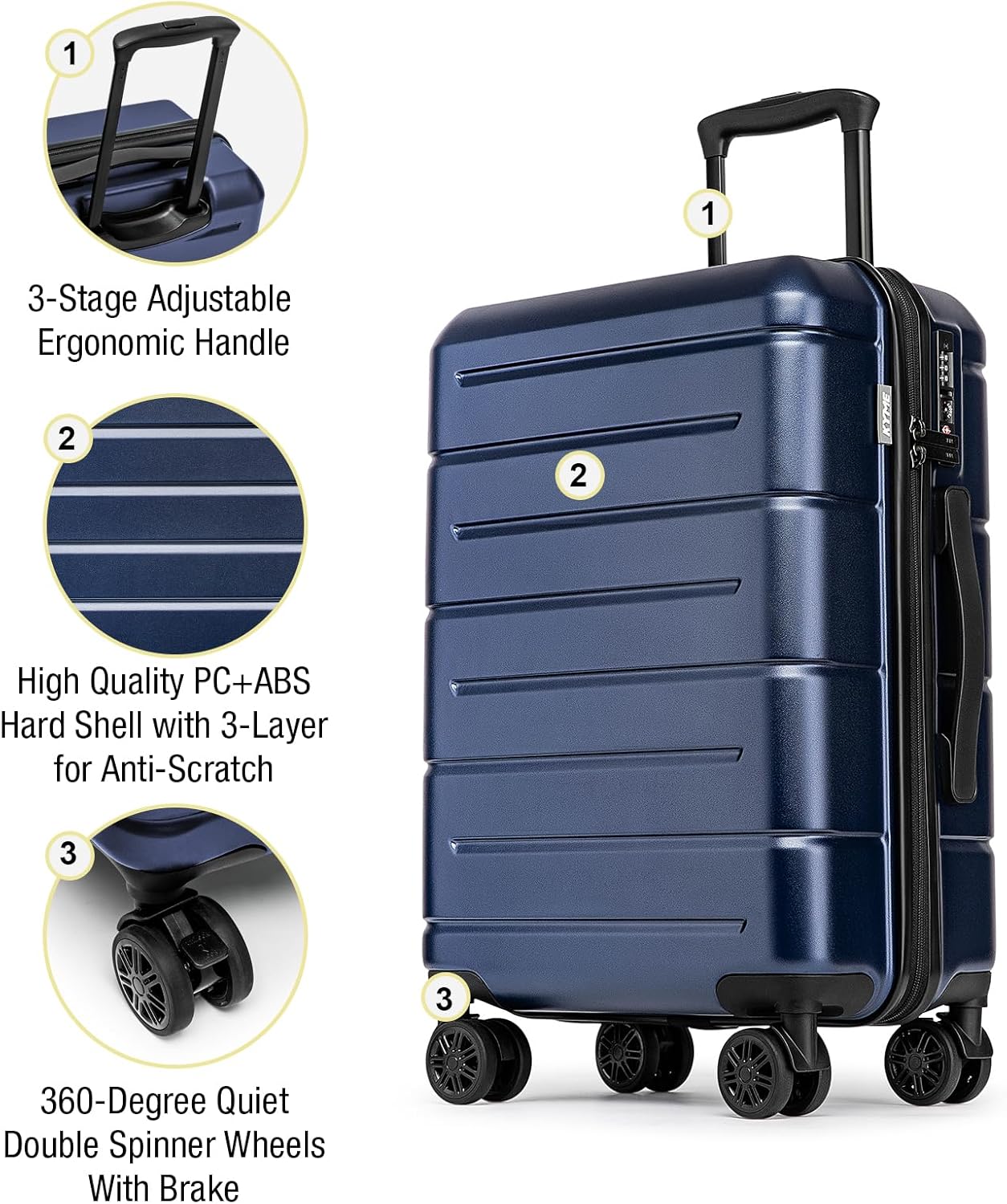 KYME Carry On Luggage 22x14x9 Airline Approved with Cup Holder Hardside Carry On Suitcase with Spinner Wheels TSA Lock Hardshell 22 inch Travel Rolling Luggage for Women Men Navy