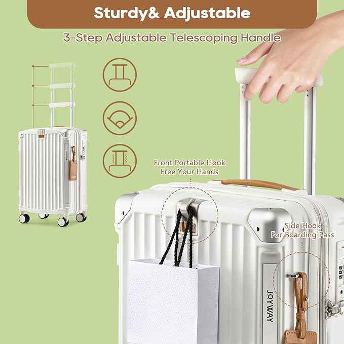 Joyway Carry On Luggage, Expandable Suitcase with Smart Cup Holder and USB Port, 20 IN Hardside Checked with TSA Lock Spinner Double Wheels, White
