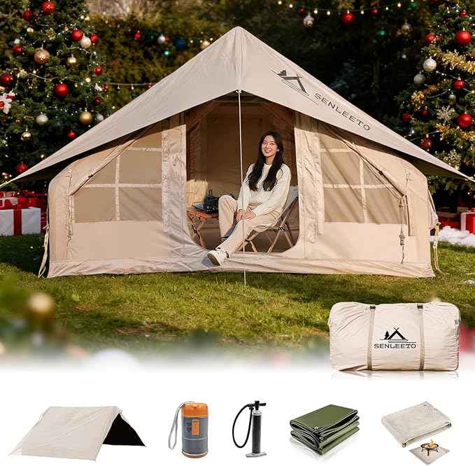 Inflatable Camping Tents 8-10 Person,129 Square Feets Large Inflatable Camping Tent with Stove Jack,Blow up Tent with Mesh Windows & Pump