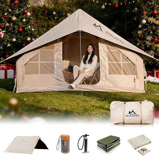 Inflatable Camping Tents 8-10 Person,129 Square Feets Large Inflatable Camping Tent with Stove Jack,Blow up Tent with Mesh Windows & Pump