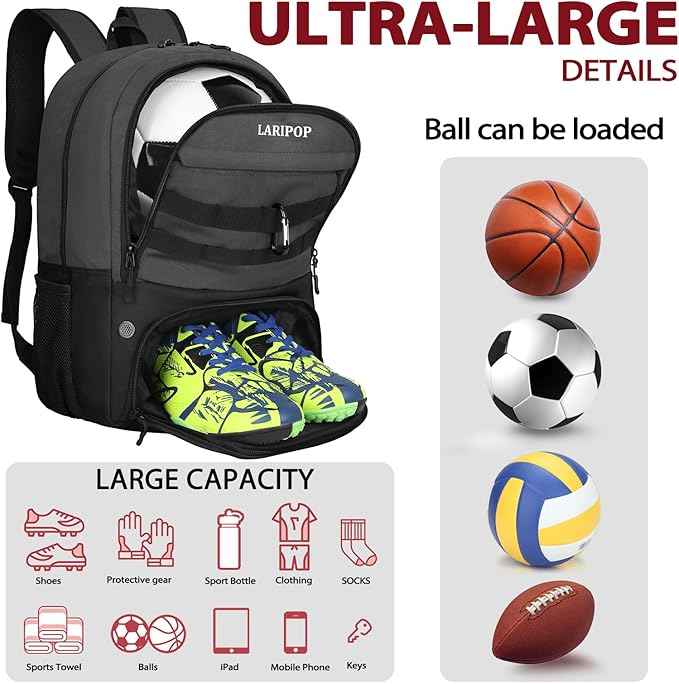 LARIPOP Soccer Backpack Soccer Bag with Ball Holder & Shoe Compartment Youth Sports Equipment Training Bag
