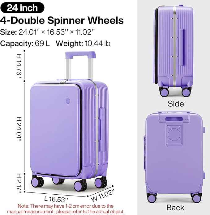 mixi Large Checked Luggage with Cup Phone Holder and Charger Hard Shell Suitcases with Spinner Wheels, 24 Inch Lilac Purple