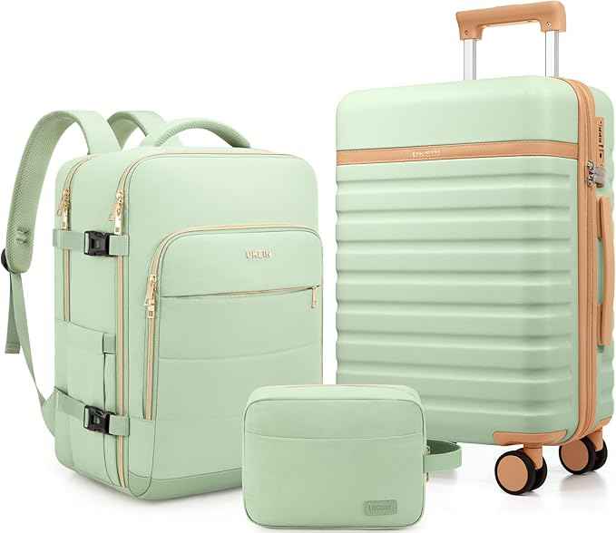 Luggage Sets 3 Piece, Carry On Luggage 20In With Spinner Wheels,PC Hardside Suitcase Set with TSA Lock,Durable Carry On Suitcase With Travel Backpack for Men (Light Green, 3 piece set (BP/20inch))