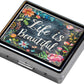 Cute and Portable Metal Pill Organizer – 8 Compartments, Elegant Chrome Finish, Ideal for Travel and Daily Use (Life is Beautiful Floral)