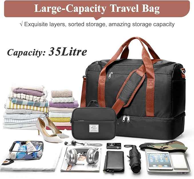 Travel Duffel Bag for Women, Carry-on Overnight Weekender Bags with Wet Pocket & Toiletry Bag, For Spirit Airlines 18x14x8 Personal Item Bag,Small,Black & Brown