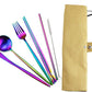 Gugrida Reusable Travel Utensils, 7 Piece Portable 304 Stainless Steel including Knife Fork Spoon Chopsticks Cleaning Brush Straws Portable Pouch, Eco-friendly Camping Silverware Set, Dishwasher Safe