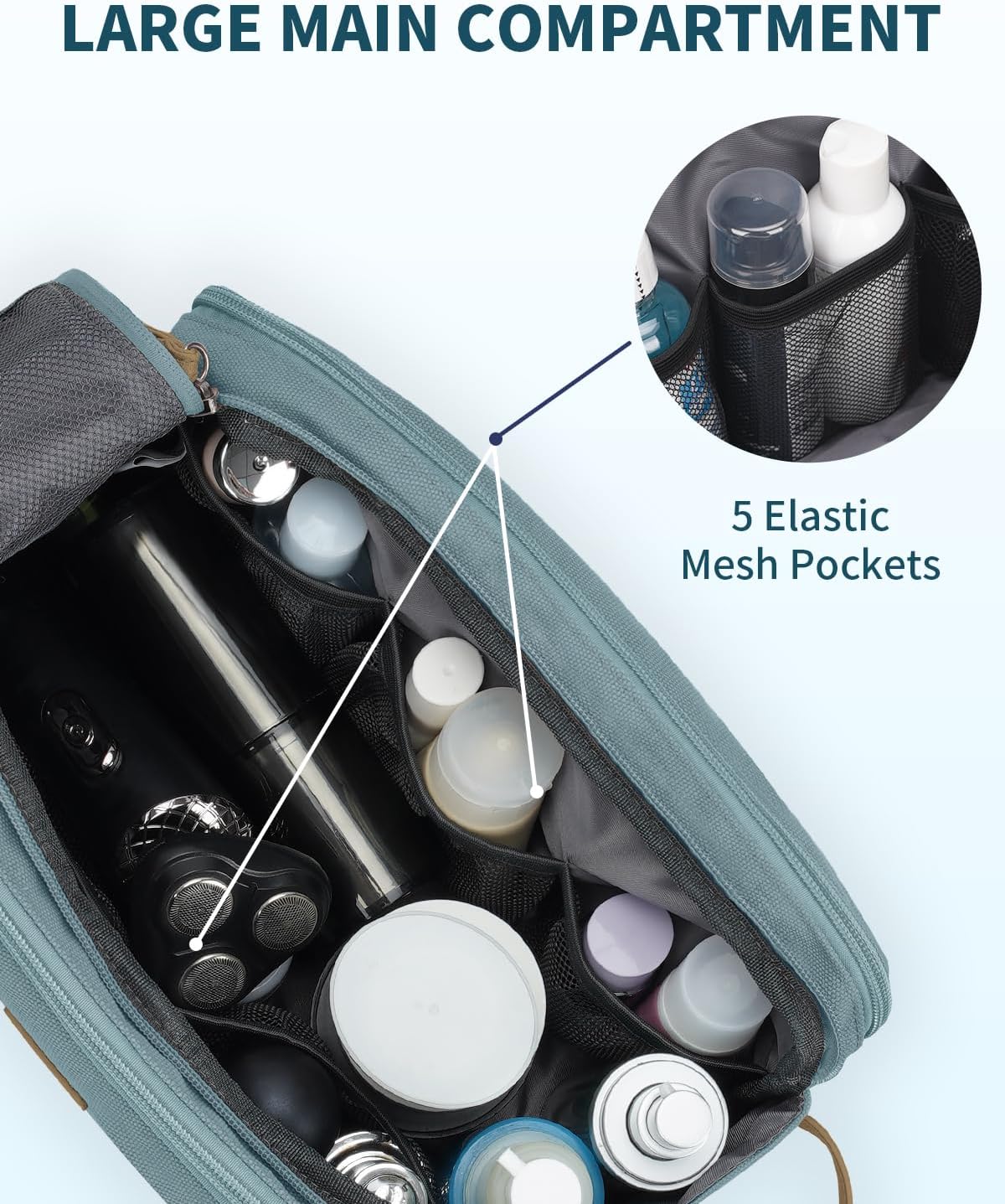WANDF Toiletry Bag for Men Travel Toiletry Organizer Canvas and Leather Dopp Kit Water-Resistant Shaving Bag for Travel Accessories (Pale Blue, Large) - Roamly