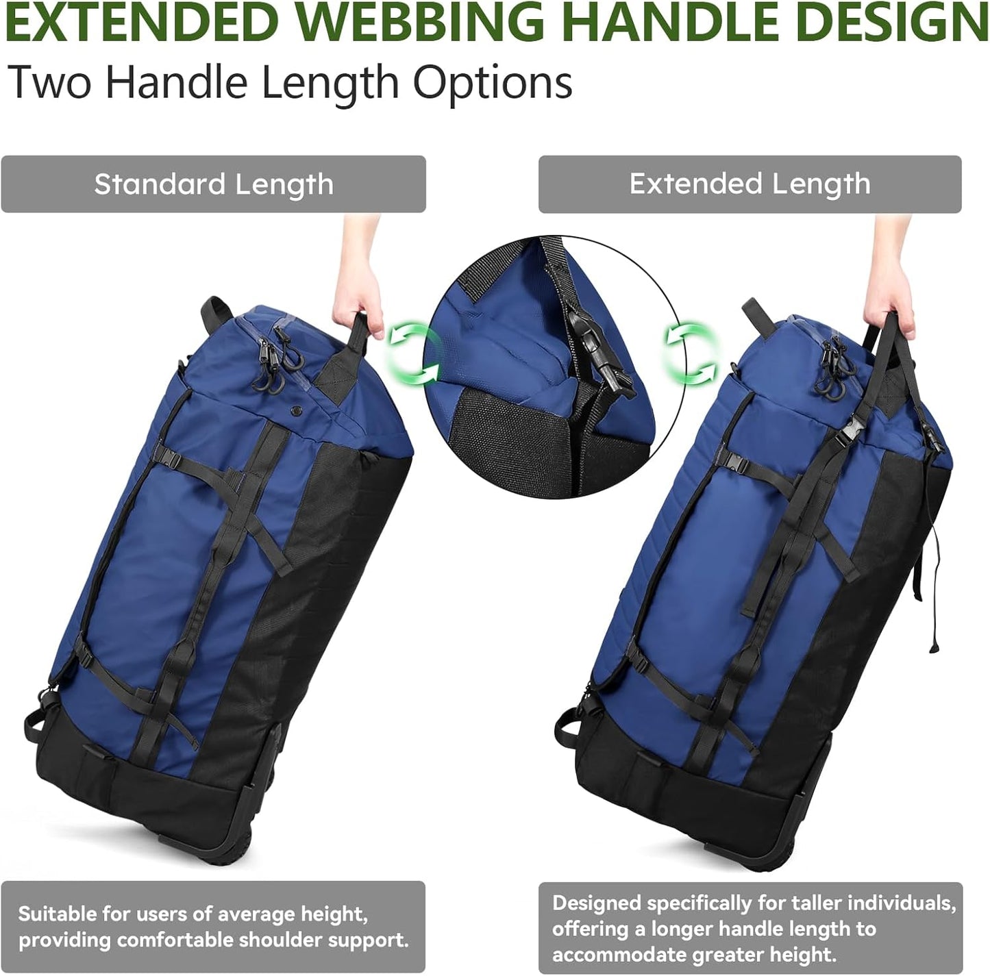 Vomgomfom 86L Collapsible Wheeled Luggage with Removable Backpack Straps,Waterproof Rolling Duffle Bag with Quilted Base,No Telescope Handle,Navy - Roamly
