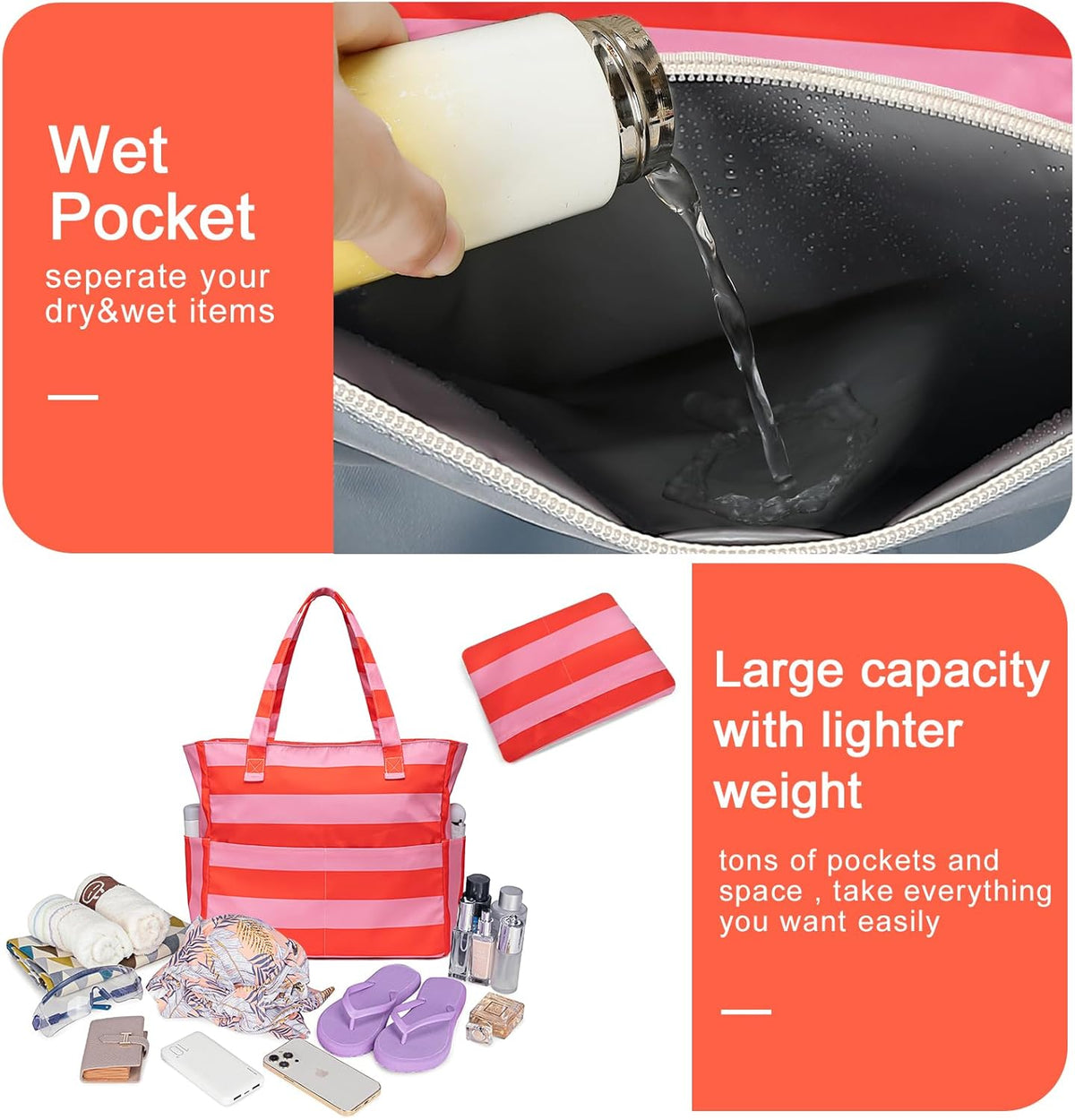 Waterproof Beach Tote Pool Bags for Women Ladies Extra Large Gym Tote Carry On Bag With Wet Compartment for Weekender Travel