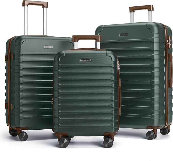 LIGHT FLIGHT Luggage Sets, 3 Piece Durable Suitcase Set with Spinner Wheels, 3 Pcs Hard Shell Lightweight Luggage with TSA Lock, Large Checked Travel Suitcases, 20/24/28 Inch,Green/Brown