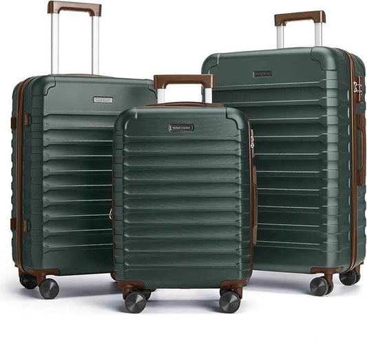 LIGHT FLIGHT Luggage Sets, 3 Piece Durable Suitcase Set with Spinner Wheels, 3 Pcs Hard Shell Lightweight Luggage with TSA Lock, Large Checked Travel Suitcases, 20/24/28 Inch,Green/Brown