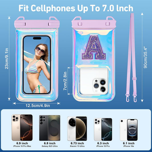 Waterproof Phone Pouch Floating, IPX68 Waterproof Phone Case with Lanyard for iPhone 16 15 14 13 12 Pro Max Samsung S25 S24 S23 S22, Up to 7 Inch, Beach Vacation Essentials, Sparkling Purple Letter