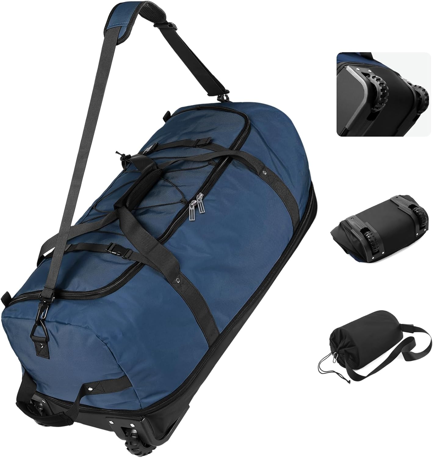 Vomgomfom Wheeled Collapsible Duffel Bag,110L-140L Expandable Checked Luggage, No-Telescopic-Handle with Anti-Burst Zipper & Reinforced Frame,Navy - Roamly