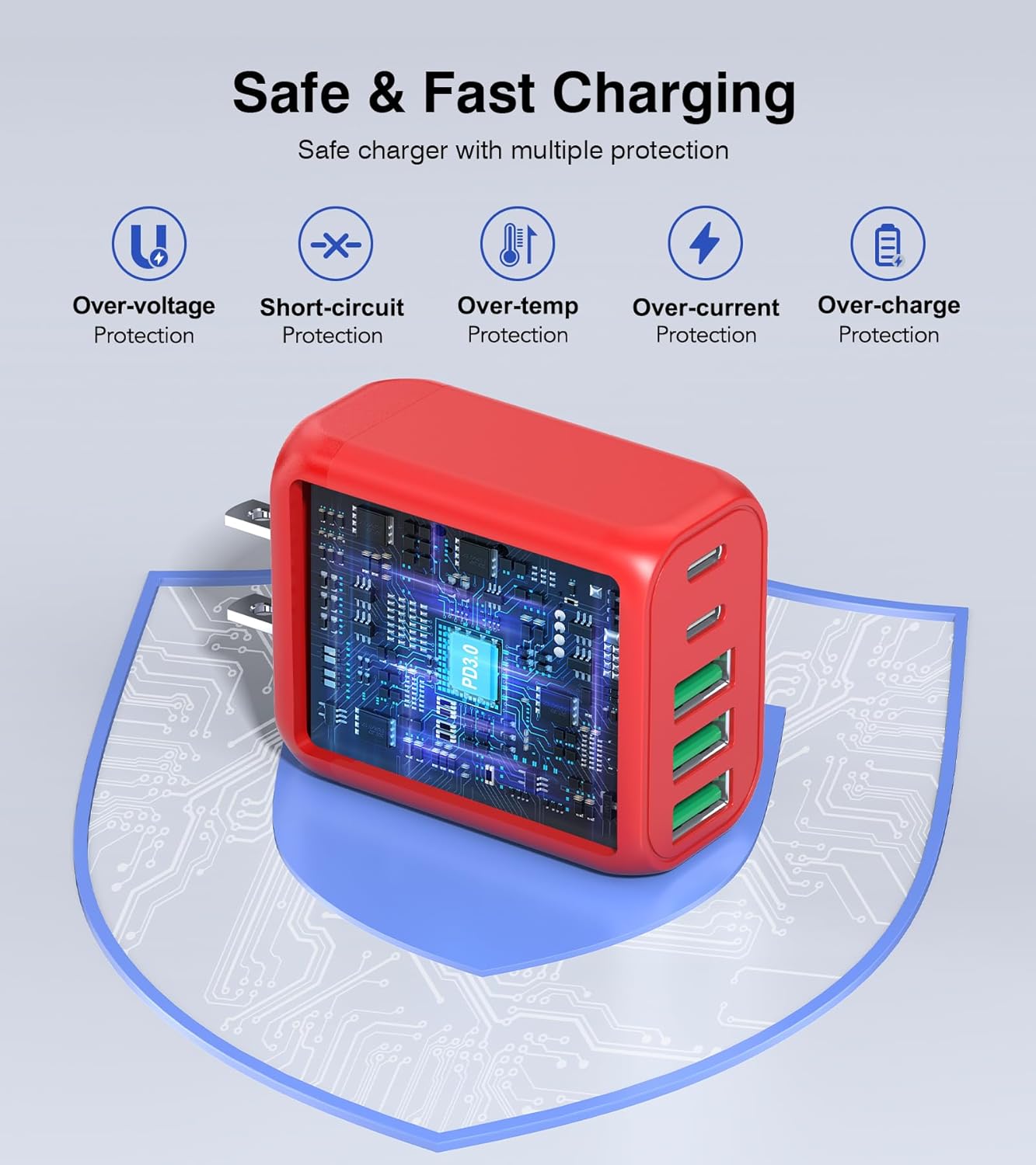 50W USB C Wall Charger, 2Pack 5-Port C Charger Fast Charging Block PD Power Adapter +QC 3.0 Multiport Type C Box Brick Cube USB A Wall Plug for iPhone 16/15/14/13 Pro Max, iPad,Samsung Galaxy(Red) - Roamly