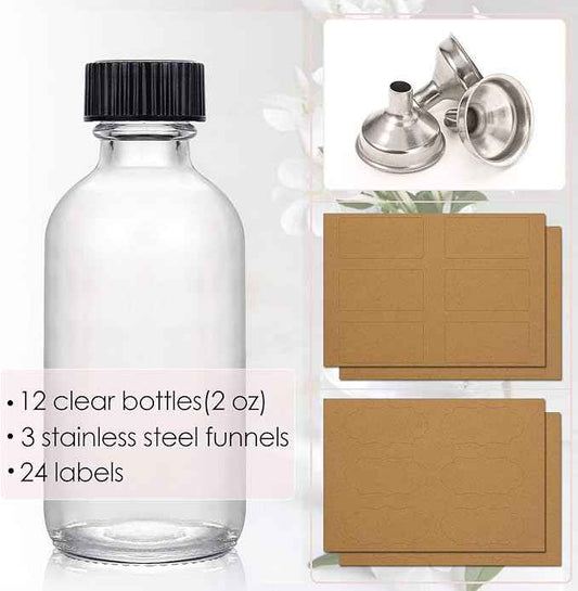 12 Pack, 2 oz Small Clear Glass Bottles w/Lid & 3 Funnels - 60ml Boston Shot Bottles for Health, Immunity, Potion, Wellness, Sample, Ginger, Juice - Mini Personal Care & Beauty Travel Bottle