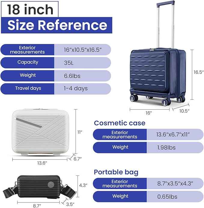 3 Piece Luggage Set 16 Inch Carry On with Front Opening, Expandable PC Hardshell Suitcase with 14" Cosmetic Case & Handbag, Lightweight Underseat Rolling Luggage with TSA Lock & PVC Cover