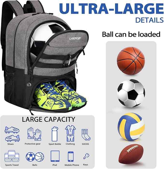 LARIPOP Soccer Backpack Soccer Bag with Ball Holder & Shoe Compartment Youth Sports Equipment Training Bag