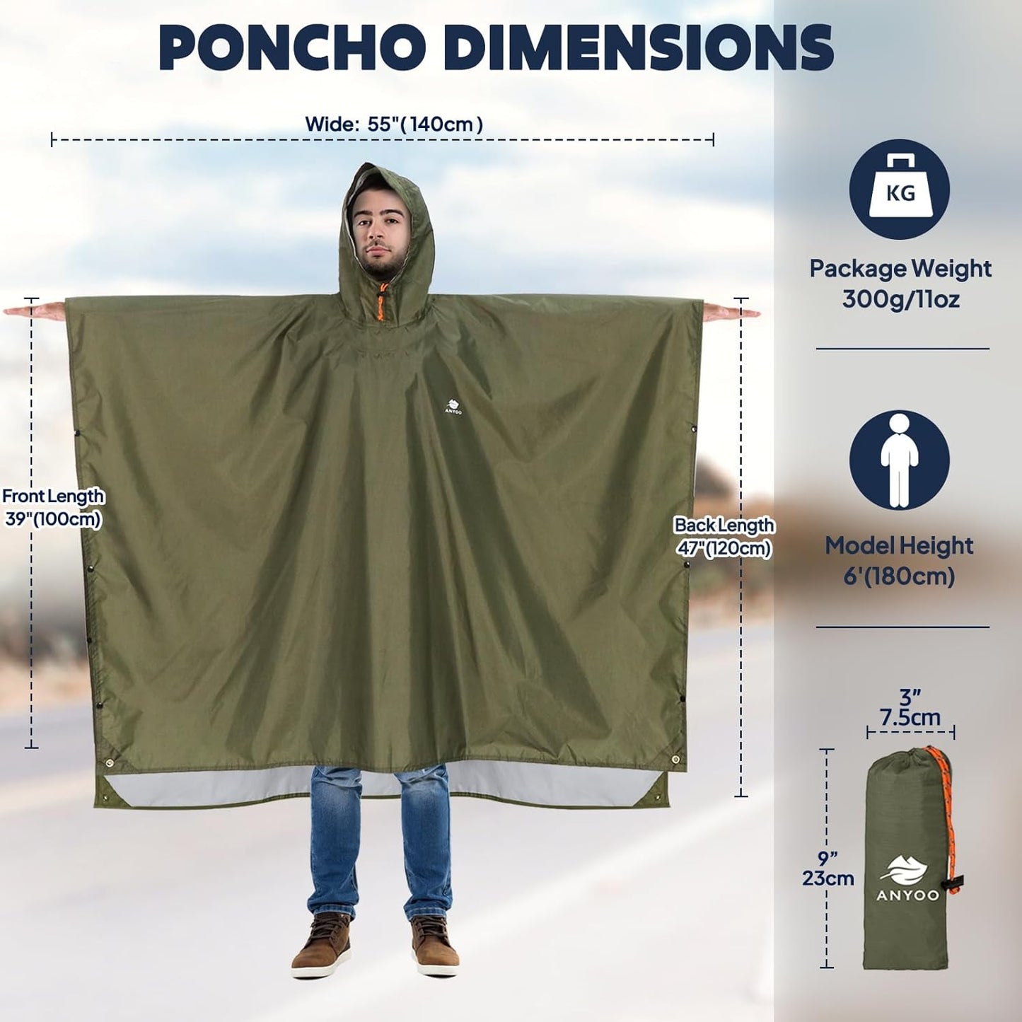ANYOO Hooded Rain Poncho for Adults Waterproof Lightweight Rain Coat for Men Women Reusable Rain Jacket for Emergency Outdoor