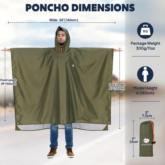 ANYOO Hooded Rain Poncho for Adults Waterproof Lightweight Rain Coat for Men Women Reusable Rain Jacket for Emergency Outdoor