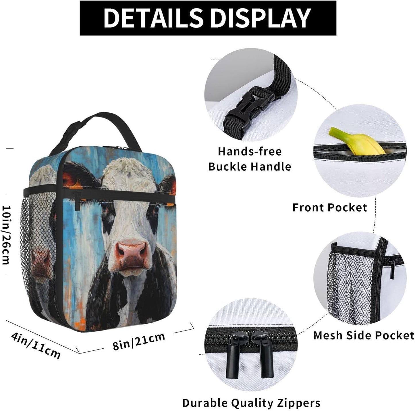 Cow Lunch Box for Kids Aldults, Realistic Animal Reusable Thermal Insulation Cooler Tote Bags, Black White Calf Pattern Insulated Bag for Student, School Picnic Camping Travel, Gifts