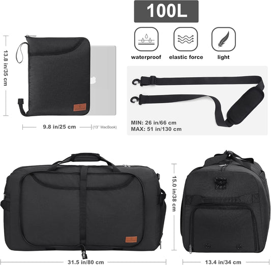 100L Duffle Bag for Travel, Extra Large Foldable Waterproof Travel Duffel Bags Weekender Overnight Bag for Men and Women with Shoe Compartment - Roamly