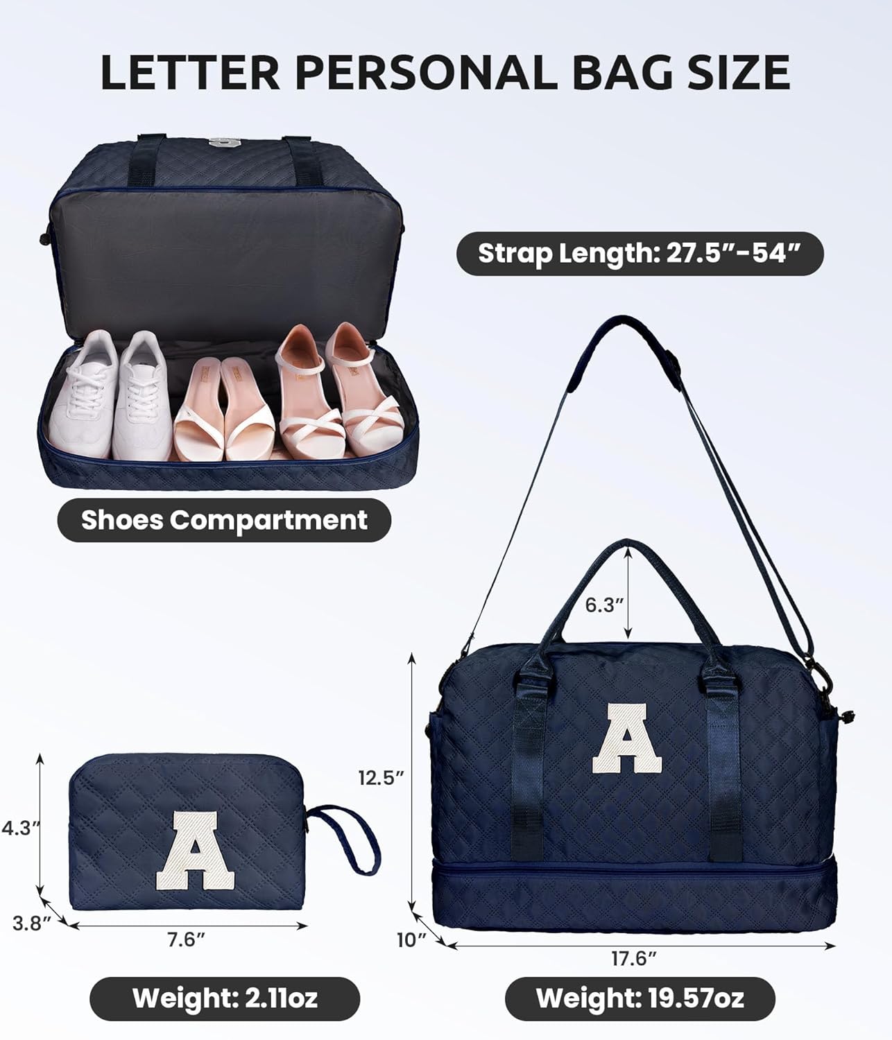 Women's Initial Duffle Bag - Personalized Weekender with Shoe & Makeup Compartments, Monogram Overnight Bag (Letter A) - Roamly