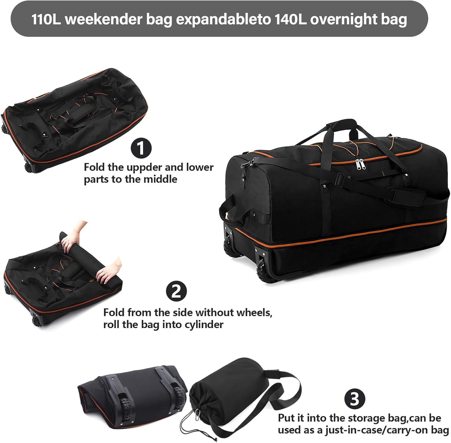 Vomgomfom 32" Soft-Sided Foldable Wheeled Travel Duffel Bag,Expandable 110L to 140L Rolling Cargo Bag with 2 Wheels and Multiple Pockets,Black-orange - Roamly