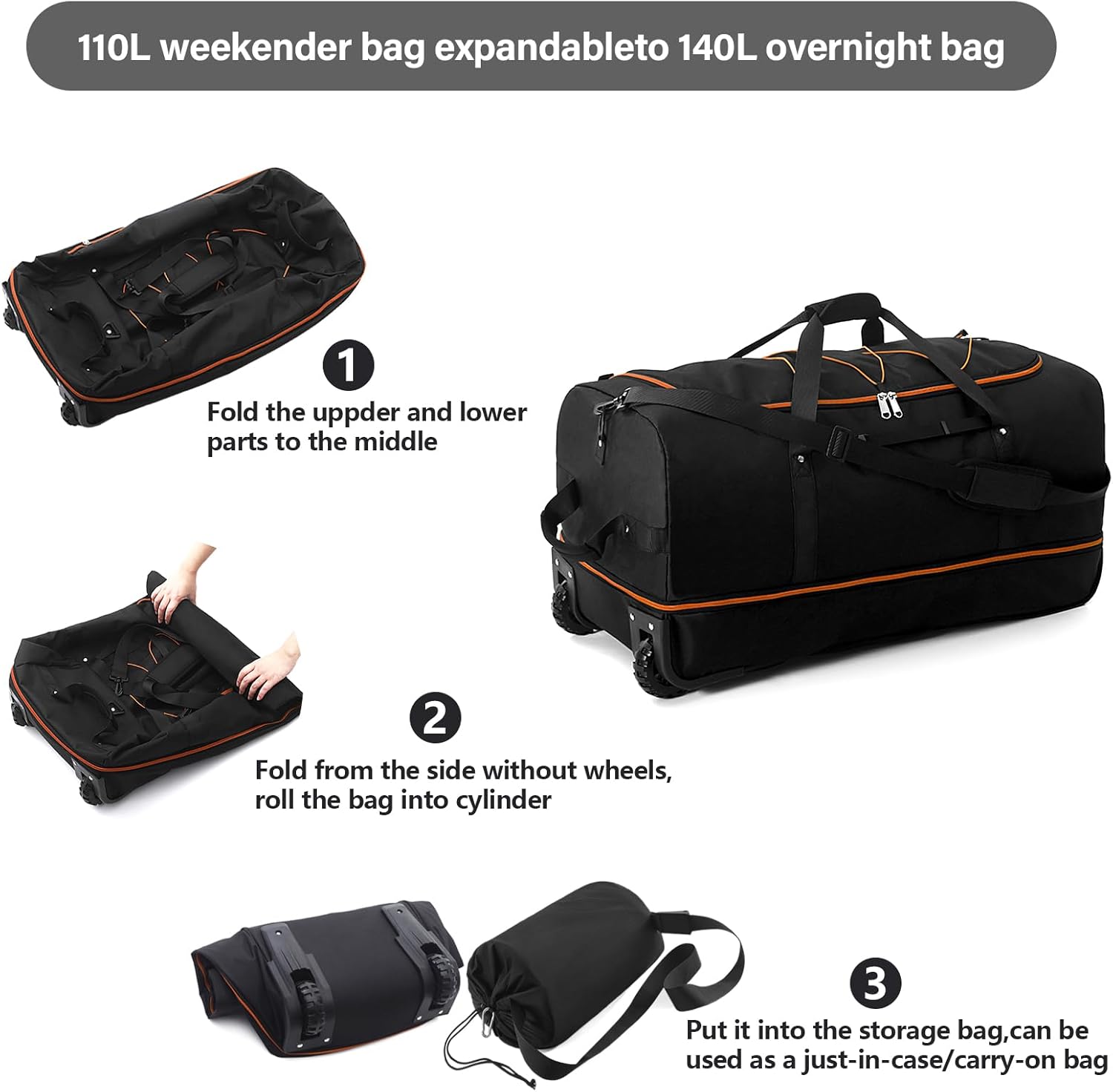 Vomgomfom 32" Soft-Sided Foldable Wheeled Travel Duffel Bag,Expandable 110L to 140L Rolling Cargo Bag with 2 Wheels and Multiple Pockets,Black-orange - Roamly