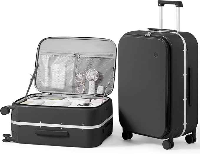 mixi 24 Inch Carry On Luggage 22x14x9 Airline Approved PC Hard Shell Suitcase Top Opening Aluminum Frame Travel Suitcases with Wheels, Blcak