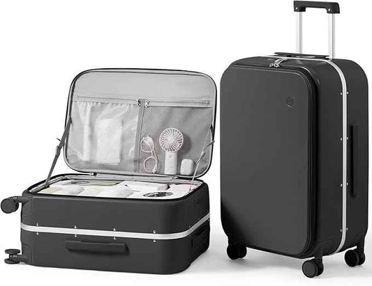 mixi 24 Inch Carry On Luggage 22x14x9 Airline Approved PC Hard Shell Suitcase Top Opening Aluminum Frame Travel Suitcases with Wheels, Blcak