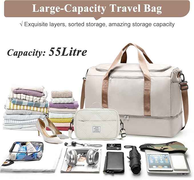 Extra Large Travel Duffle Bag,Carry on Overnight Bag with Shoes Compartment,Weekender Bags for Women for Travel Business Trips Sport Hospital,3 Pcs Set,Beige & Brown