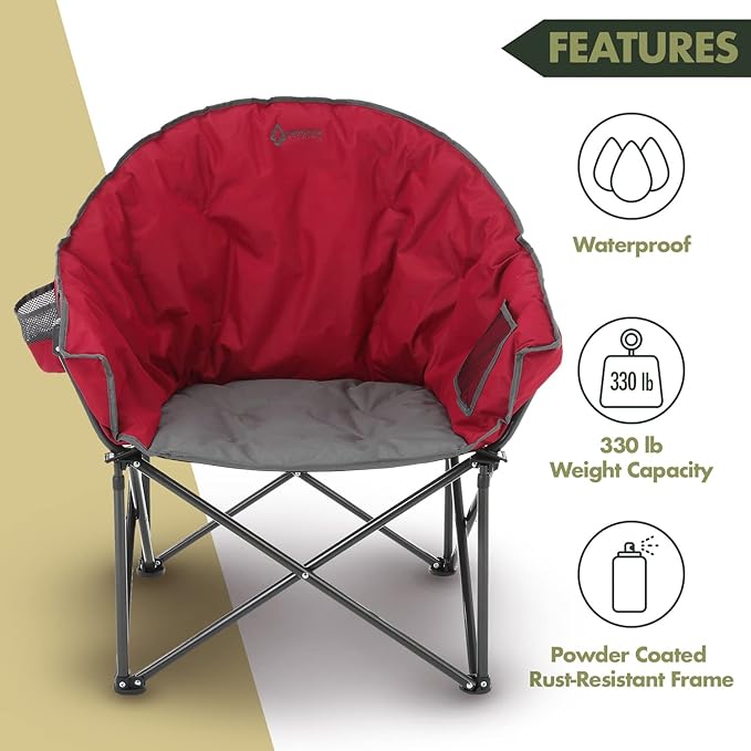 ARROWHEAD OUTDOOR Oversized Heavy-Duty Club Folding Camping Chair with Pocket, Cup Holder, Portable, Padded, Moon, Round, Saucer, Supports 330lbs, Carrying Bag