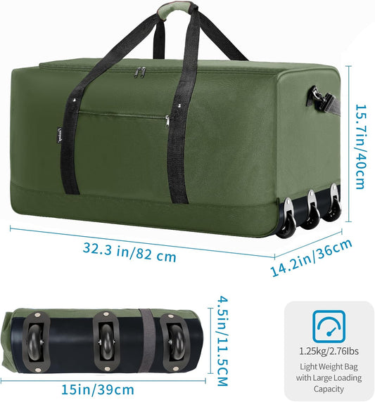 Finnhomy 120L Foldable Rolling Duffel Bag with 3 Wheels, Light Weight Travel Duffel bag with Large Loading Capacity, 32 inch Rolling Duffel bag with Shoulder Strap for Travel Camping Sports - Roamly