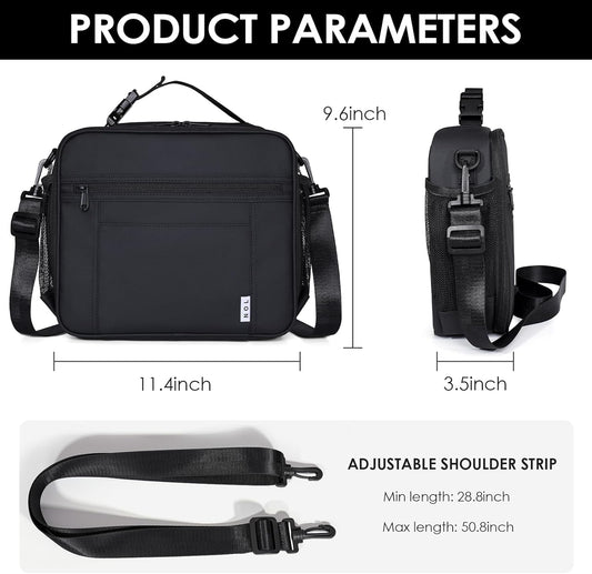 NOL Kids Lunch Bag - Kids 3+ Reusable Insulated Lunch Box with Zipper Closure Buckle Handle Adjustable Long Shoulder Strap, Easy-Clean Waterproof Fabric, Children Lunch Tote Bag for School-Black