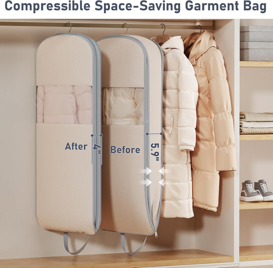 DIMJ 2 Pack 43" Space Saving Garment Bags for Hanging Clothes With Compression Zipper Carry Handles and Window, Washable Suit Bag for Dress, Clothes, Coats, Down Jacket, Closet, Moving, Travel