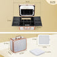 Makeup Train Case with Magnetic LED Mirror Makeup Organizer Box Travel Cosmetic Case with 3 Colors LED Mirror Portable Vanity Make up Suitcase with Lockable Keys Dividers Brush Holder, Silver