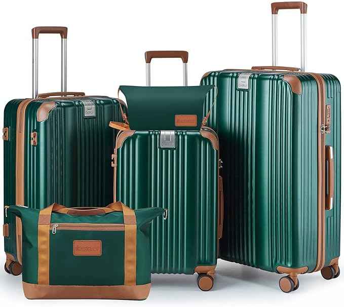 Luggage Set 3 Piece with Cup Holder,Hardshell TSA Lock Spinner Wheels Carry on Lightweight Suitcase，Hook and YKK Zippers for Valentine Gifts(Dark Green, 5 piece sets(20/24/28/DB/TB))