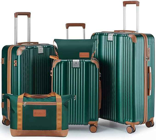Luggage Set 3 Piece with Cup Holder,Hardshell TSA Lock Spinner Wheels Carry on Lightweight Suitcase，Hook and YKK Zippers for Valentine Gifts(Dark Green, 5 piece sets(20/24/28/DB/TB))